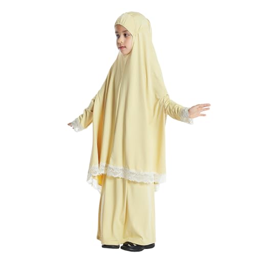 Kids Girls Abaya Muslim Full Cover Lace Hijab Dress Kaftan Dubai Islamic Prayer Dress, 2pcs Set - color: Cream Yellow, size: 6-7 Years