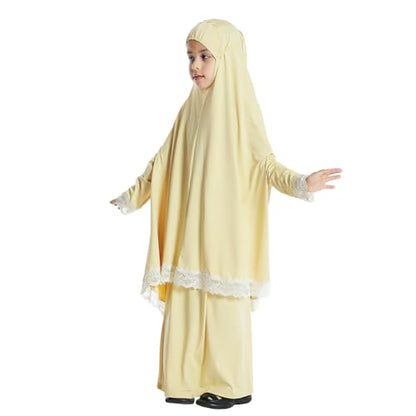 Kids Girls Abaya Muslim Full Cover Lace Hijab Dress Kaftan Dubai Islamic Prayer Dress, 2pcs Set - color: Cream Yellow, size: 6-7 Years