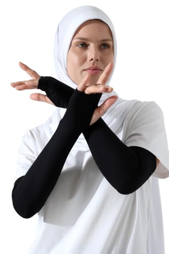 ihvan online, Hijab Sleeves for Women, Muslim Arm Sleeve for Prayer, Women's Soft Stretchy Modest Sleeves to Cover Arms - color: Black-model 2