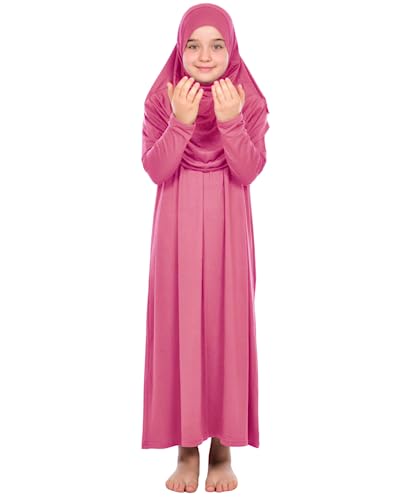 Prien Kids Prayer Dress Muslim Clothes for Girls Long Sleeve Abaya with Hijab Two Piece Maxi Islamic Set Scarf Kaftan Jilbab - color: Dusty Rose