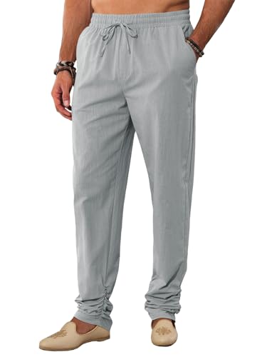 Runcati Mens Kaftan Thobe Pants Cotton Casual Elastic Waist Drawstring Muslim Trousers Summer Yoga Kurta Pants with Pockets - color: Grey, size: Medium