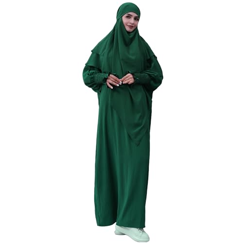 khalat Womens Muslim Prayer Dress Front Zipper Kaftan Islamic Robe Modest Solid Abayas for Women Muslim - color: Dark Green+hijab