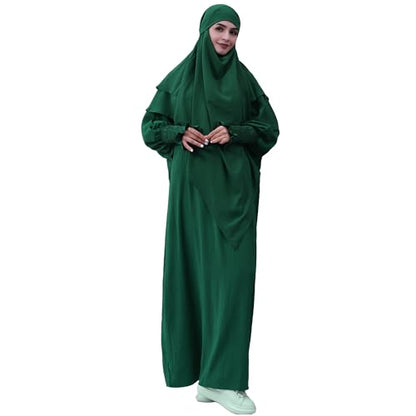 khalat Womens Muslim Prayer Dress Front Zipper Kaftan Islamic Robe Modest Solid Abayas for Women Muslim - color: Dark Green+hijab