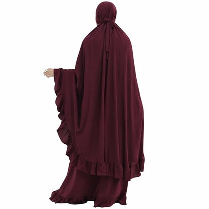 2PCS Women Muslim Prayer Abaya Dress Ruffle Trim Side Pockets with Khimar - color: Wine Red, size: Large