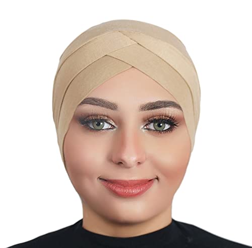 Solid Color Full Cover Inner Hijab Caps Muslim Forehead Cross Turban Stretch Hijab for Women Head Scarf Under Hijab - color: Beige