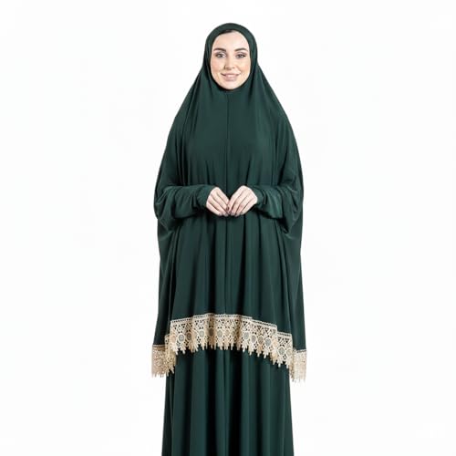 Women's Prayer Dress 2 Pieces Solid Color Plus Long Sleeve | One-Size | Hijab Abaya Suit - color: Dark Green