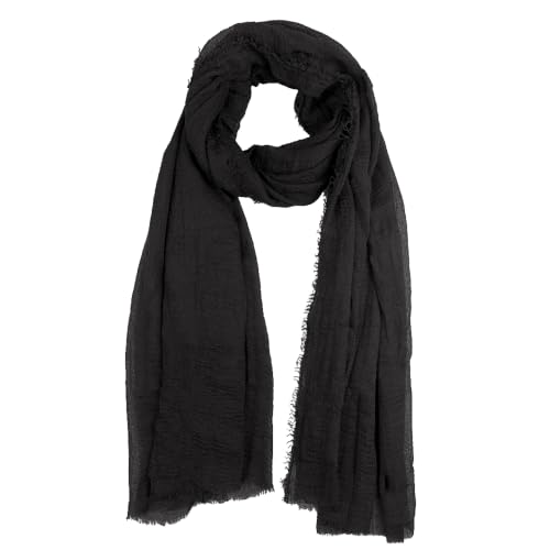 Summer Cotton Blend Crinkle Vintage Soft Scarf with Fringed Edges 35" × 70" - color: Black