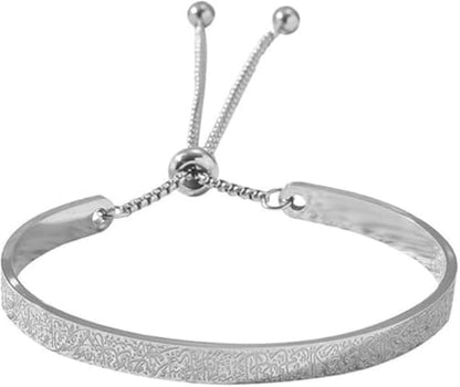 Exquisite Ayatoll Kursi Stainless Steel Engraved Islamic Muslim Verses C-Shape Bracelet with Chains at Both Ends - Unique Design, Arabic Jewelry for Every Occasion, Ramadhan Holiday Gift (silvery): Clothing, Shoes & Jewelry