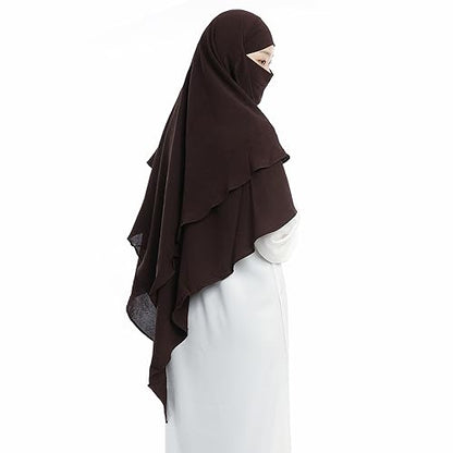 Khalat Muslim Prayer Hijab - 2 Layers Soft Breathable Islamic Dubai Women's Instant Long Hijab - color: Dark Brown