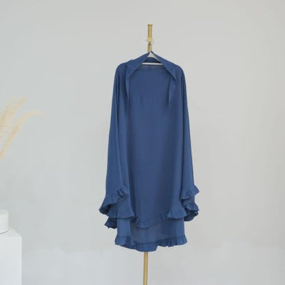 Boedaty Ramadan Eid Prayer Garment Long Khimar Hijab Scarf Wrap with Flounces Abaya Jilbab Muslim Islam for Women - color: Fog Blue1