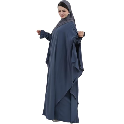 2PCS Women's Muslim Abaya Dress Lace Cuffs Islamic Dubai Prayer Robe Smooth Flowy Muslim Women Clothes - color: Dark Gray, size: Medium