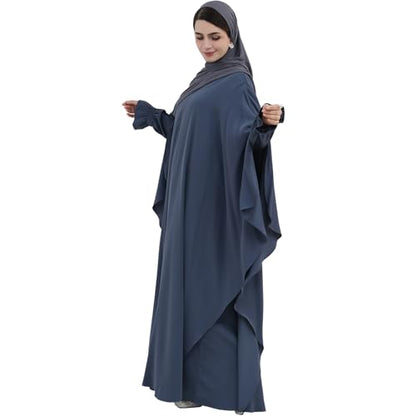 2PCS Women's Muslim Abaya Dress Lace Cuffs Islamic Dubai Prayer Robe Smooth Flowy Muslim Women Clothes - color: Dark Gray, size: Large