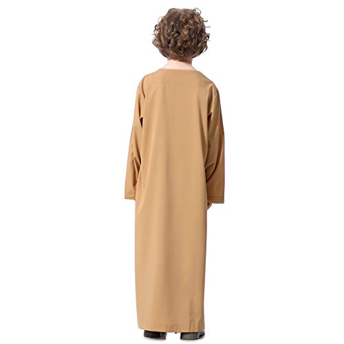 XINNI Arabic Thobe Muslim Thobe Long Sleeve Kaftan Crew Collar Robe with Zipper for Boy - color: Camel, size: 7-8 Years