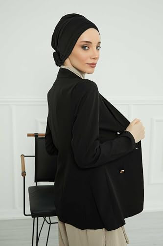 Aisha's Design Instant Turban Head Wraps for Women, Combed Cotton Scarf Lightweight Pre tied Hijab with Back Rose Detail - color: Black