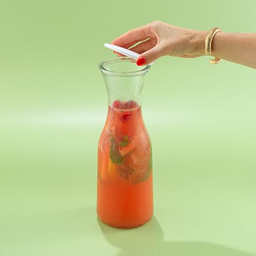 JoyJolt Glass Carafe with Lid, Set of 4 – 1 Liter Glass Pitcher for Mimosa Bar, Water, Iced Tea, Juice, Wine, Lemonade, Milk – Dishwasher Safe Beverage Drink Dispensers for Brunch, Parties - size: Set of 4, 36 Ounces each