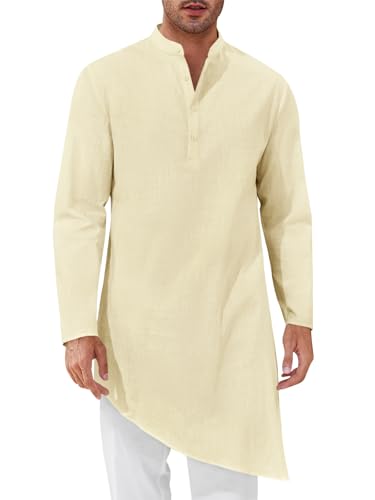 Runcati Mens Kaftan Robe Thobe Cotton Long Sleeve Henley Shirt Casual Muslim Gown Kurta Tops - color: Beige, size: XX-Large