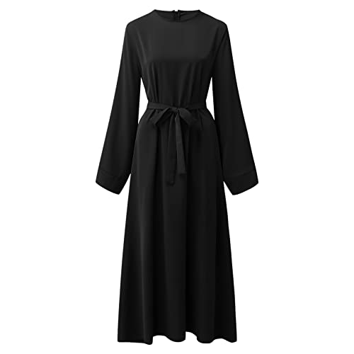 Prayer Dress for Women Muslim Long Sleeve A Line Elegant Maxi Dress Casual Wedding Party Maxi Dresses with Belt - color: Black, size: Small