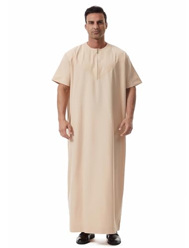 Muslim Men Abaya Short Sleeve Kaftan Islamic Arab Robe Men Dishdasha Zipper Robe Ethnic Clothes Dubai Travel Thobe - color: Beige, size: X-Large