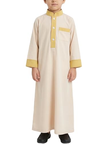 FYMNSI Kids Boys Thobe Muslim Prayer Clothes Saudi Dubai Robe Kaftan with Pockets Dishdasha Islamic Eid Ramadan Outfits 5-10T - color: Apricot, size: 6-7 Years