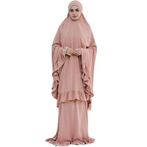 2PCS Abayas for Women Muslim Dress Ruffled Hem Modest Prayer Robe Full Coverage Modest Jilbab Set - color: Pink, size: Medium