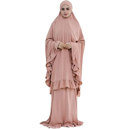 2PCS Abayas for Women Muslim Dress Ruffled Hem Modest Prayer Robe Full Coverage Modest Jilbab Set - color: Pink, size: Medium