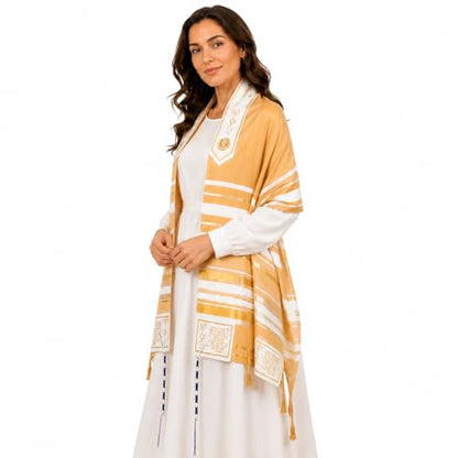 The Holy Promise Messianic Prayer Shawl-72 x22 Christian Tallit with Biblical Verses-Includes Carrying Bag - color: Gold/Beige