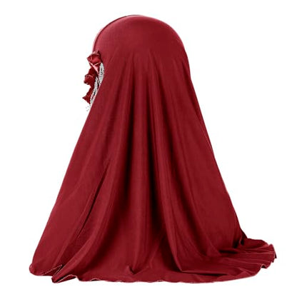 Women Soft One Piece Hijab Long Muslim Turban Islamic Full Head Scarf - color: 3 Flowers/Red