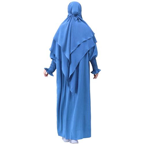 khalat Womens Muslim Prayer Dress Front Zipper Kaftan Islamic Robe Modest Solid Abayas for Women Muslim - color: Light Blue+hijab