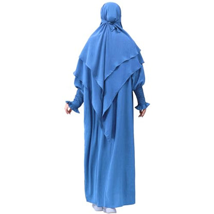 khalat Womens Muslim Prayer Dress Front Zipper Kaftan Islamic Robe Modest Solid Abayas for Women Muslim - color: Light Blue+hijab