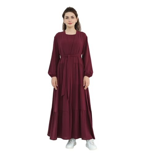 Prlemend Two-Pieces Abaya for Women Muslim Robe with Belt Prayer Dress Set | 2PCs, with Belt, Cake Skirt - color: Wine Red, size: Medium