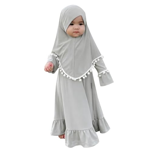 IWEMEK Infant Baby Girl Prayer Dress Kids Muslim Clothes for Toddler Girls Abaya with Hijab Ruffle Islamic Eid Ramadan Outfit - color: Gray, size: 2-3 Years