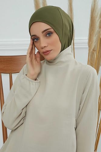 Aisha's Design Instant Turban 95% Cotton Head Scarf Headwear Combed Cotton Ninja Cap, Slip on Jersey Hijab - color: Olive Green