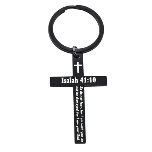 Bible Verse Cross Keychain Strength Bible Verse Stainless Steel Key Ring Christian Gift for Women Men - color: Isaiah 41:10 Black