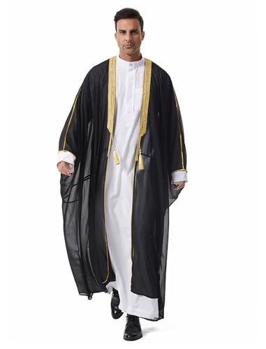 OBEEII Men Muslim Thobe Open Front Chiffon Ramadan Abaya Cardigan Dubai Saudi Embroidery Eid Islamic Clothes Prayer Kaftan - color: Black, size: X-Large