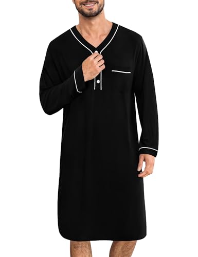 SWOMOG Men's Nightshirt Long Sleeve Nightgown Soft Loose Sleepwear Lightweight Nightwear Comfy Henley Sleep Shirt M-3XL - color: Black, size: Medium