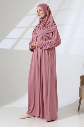 ihvan online Muslim Dresses for Women, Prayer Dress, Islamic Abaya with Hijab, One-Piece Long Sleeve Muslim Dress - color: Dusty Rose