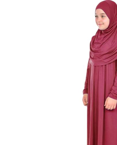 Prien Kids Prayer Dress Muslim Clothes for Girls Long Sleeve Abaya with Hijab Two Piece Maxi Islamic Set Scarf Kaftan Jilbab - color: Red
