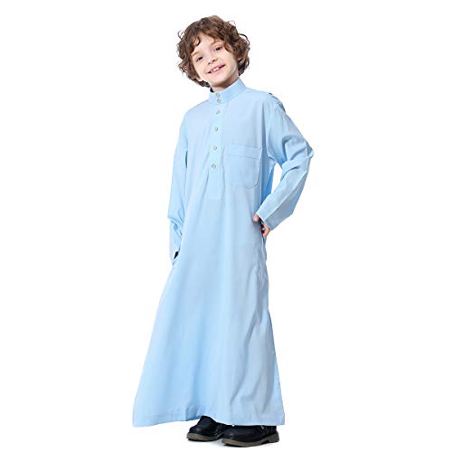 Qianliniuinc Boy's Islamic Dress Round Collar - Youth Long Sleeve Muslim Thobe Arabic Robe Embroidery Clothes with Pockets - color: Shy Blue, size: 19