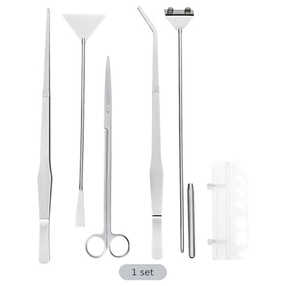 6 Pcs Aquarium Kit, Stainless Steel Plant Tools Set with Algae Scraper, Tweezers, Scissors, and Sand Spatula, Holder Included, Silver