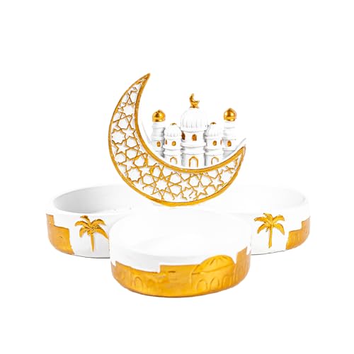 Islamic Ramadan Eid Decorative Serving Tray, White and Gold Resin