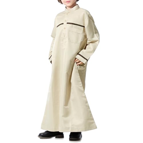Muslim Thobe for Boys Islamic Clothing Long Sleeve Kaftan 𝐑obe Arabic Dress Kids Boys Prayer Dress Ramadan Eid Outfit - color: Beige, size: 7-8 Years