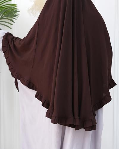 Muslim Prayer Hijab Solid Color Ruffled Head Scarf Women Islamic Head Cover Khimar - color: Dark Coffee