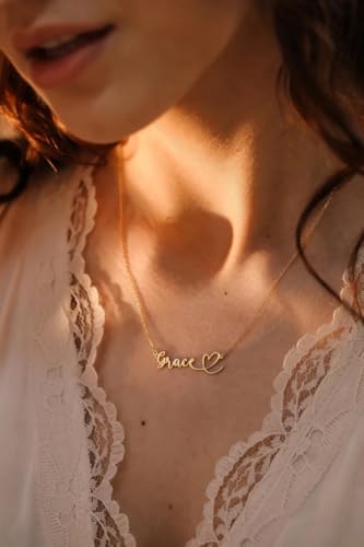 Yoke Style Custom Arabic Name Necklace with Heart, 18K Gold Plated Nameplate Necklace Dainty Jewelry Gifts for Women - color: English Name Necklace with Heart-Gold-02