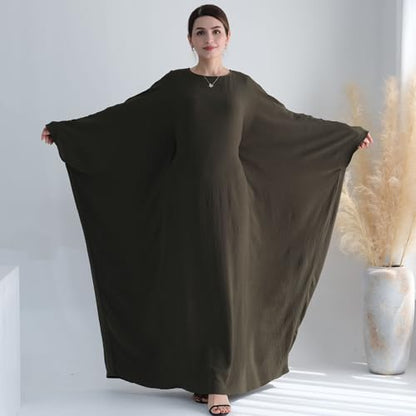 Women Muslim Abaya Dress 1Piece Bat Sleeve Islamic Maxi Robe Fashion Jilbab for Women Eid Kaftan Muslim Robe - color: Army Greena, size: Large
