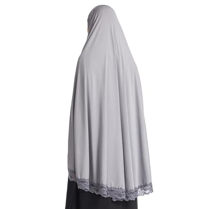 Muslim Women's Instant Big Hijab Jersey Turbans Khimar Abaya Soft Prayer Scarf, 1pc Lace - color: Grey, size: Large