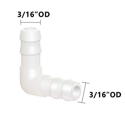 Quickun 3/16" Hose Barb 90 Degree Elbow L Fitting, Plastic 2 Way Equal Barbed Joint Splicer Mender Union Adapter Hose Fitting (Pack of 5) - size: 3/16" (5Pcs)
