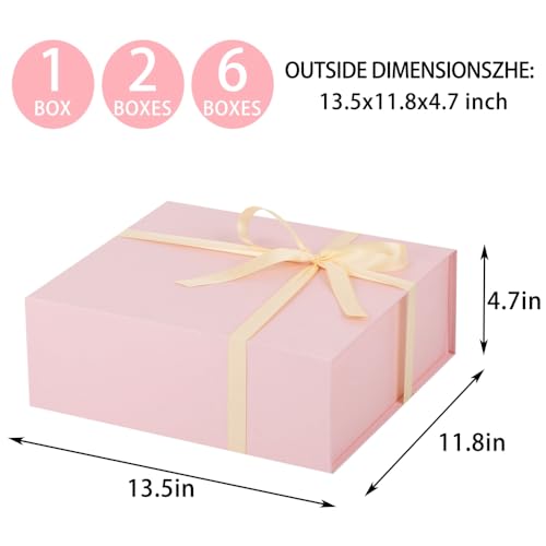 UoeRing 2 Pcs Pink Gift Box Large 11.5x8x4 Inch with Magnetic Lid | Collapsible Luxury Present Box,for Birthday,Christmas Holiday Gift Includes Card,Ribbon,Tissue Paper & Shredded Filler - color: 13.5x11.8x4.7 Inch-Pink-Pack of 2
