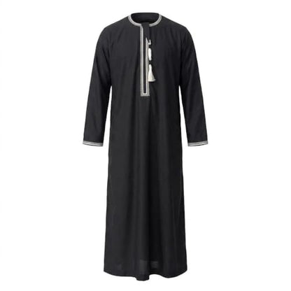 Kaftan for Men Muslim Gown Islamic Thobe Shirts Ramadan Abaya Dubai Arab Robe Long Sleeve Middle Eastern Kaftan - color: Black, size: Large