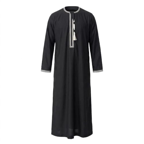 Kaftan for Men Muslim Gown Islamic Thobe Shirts Ramadan Abaya Dubai Arab Robe Long Sleeve Middle Eastern Kaftan - color: Black, size: Large