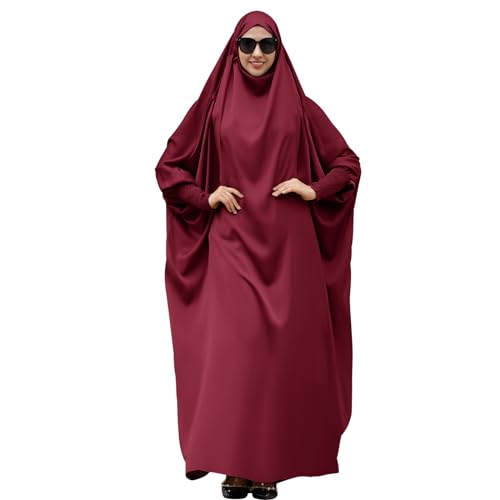 IDOPIP Muslim Abaya for Women One Piece Long Sleeve Islamic Prayer Dress with Hooded Hijab Maxi Kaftan Robe Modest Clothes - color: Wine Red
